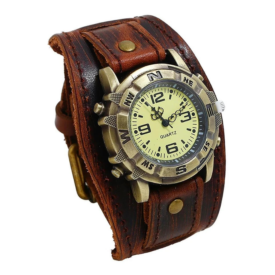 Vintage Retro Leather Cuff Bracelet Wide Band Steampunk Mens Quartz Wrist Watch⌚