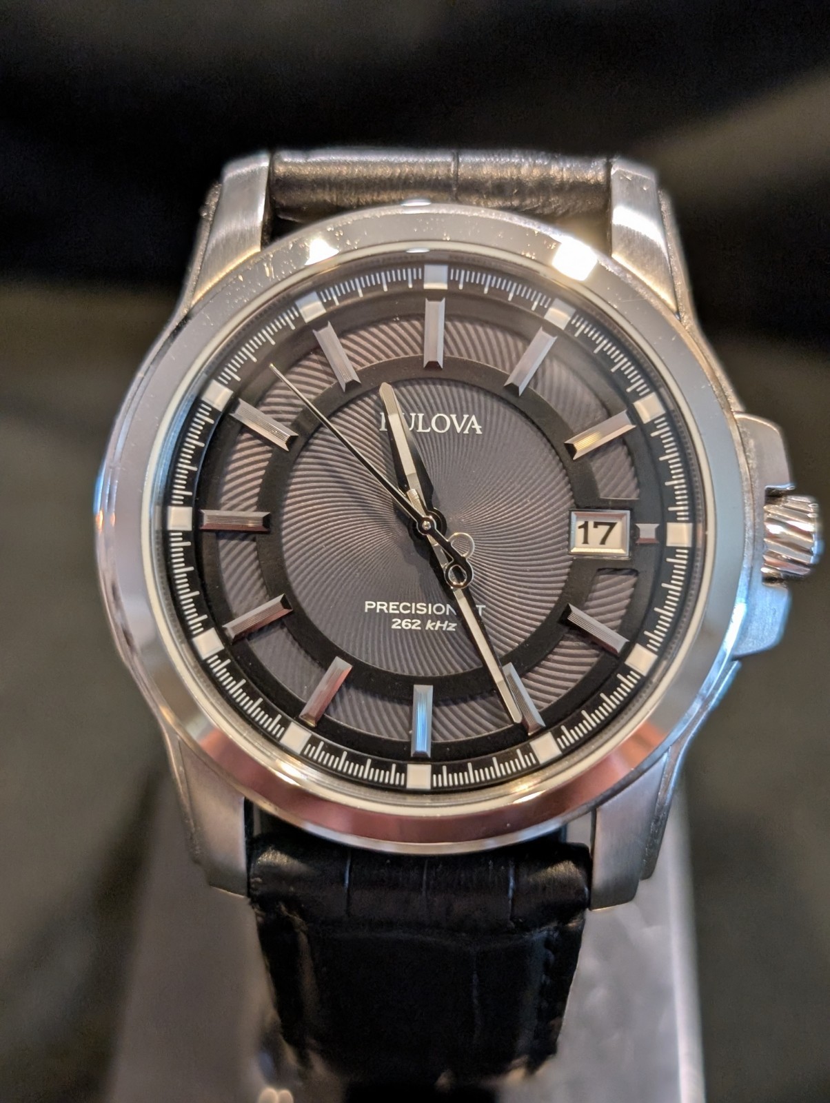 Bulova Precisionist Gray Dial Silver Tone Black Leather Band Men’s Watch 96B158