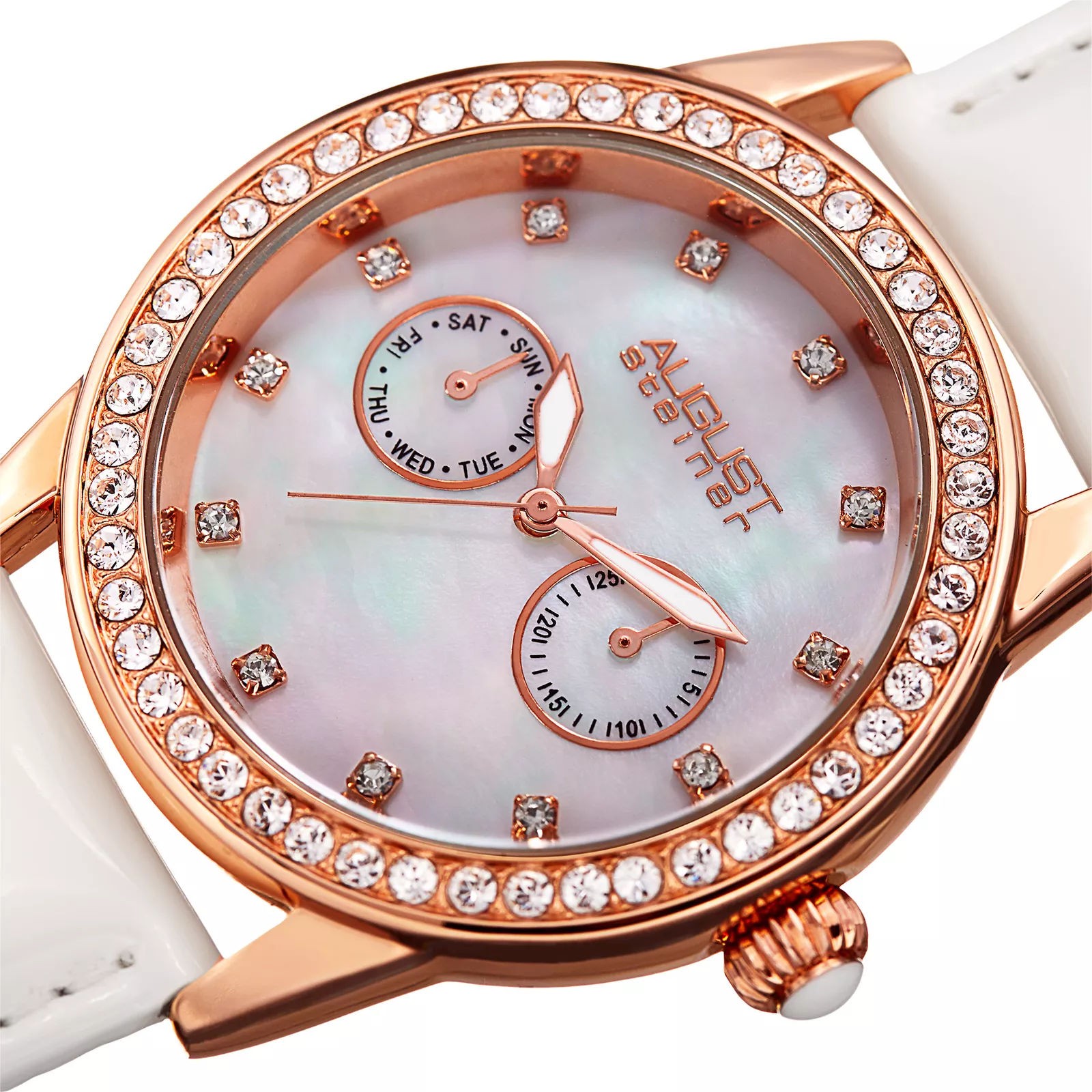 August Steiner AS8234WT Rose Day Date MOP Dial White Leather Strap Womens Watch