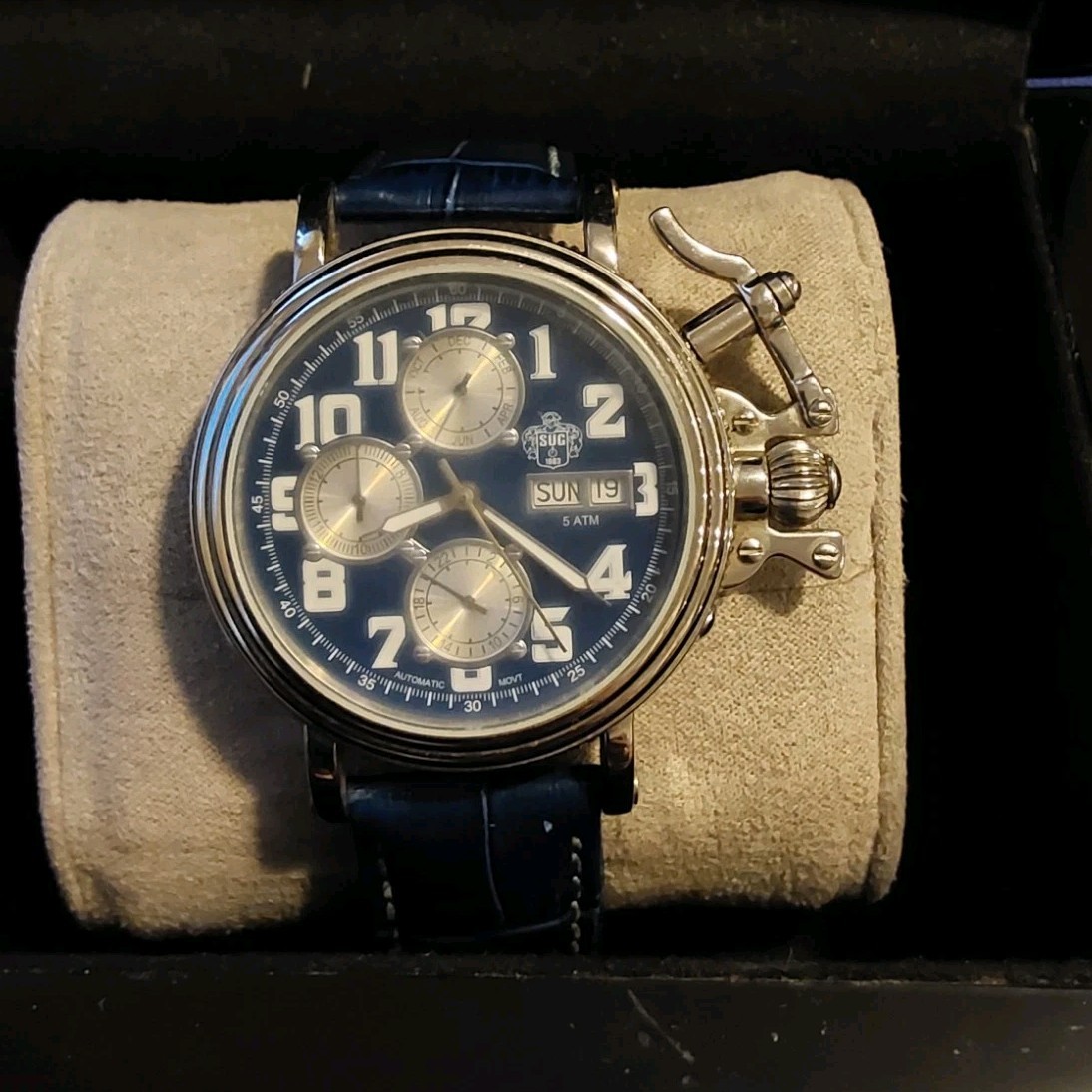 S.U.G. Mens Automatic Day/Date Blue Dial Silver Steel Blue Leather 50m w/ Box