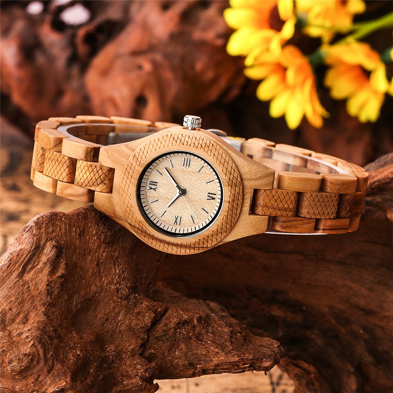 Women’s Wooden Wristwatch with Wood Bracelet Vintage Style Folding Clasp Quartz