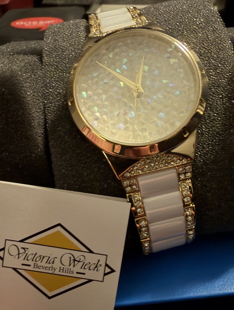 Vintage Victoria Wieck Pavé Dial Ceramic Bracelet Watch White Gemmed/ gold tone