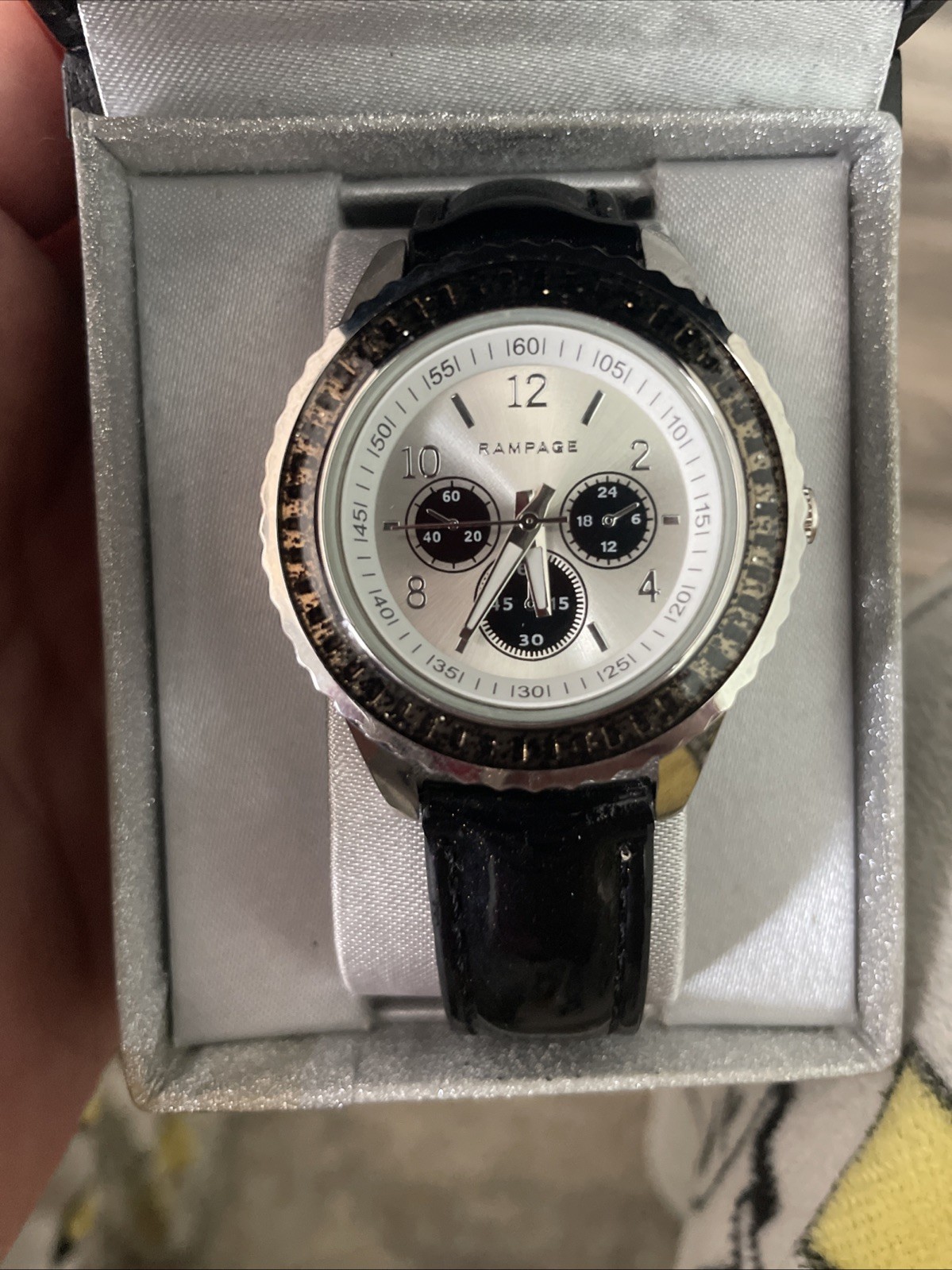 Rampage Womans Silver Tone Crystal Accent Round Case Black Strap Band Watch