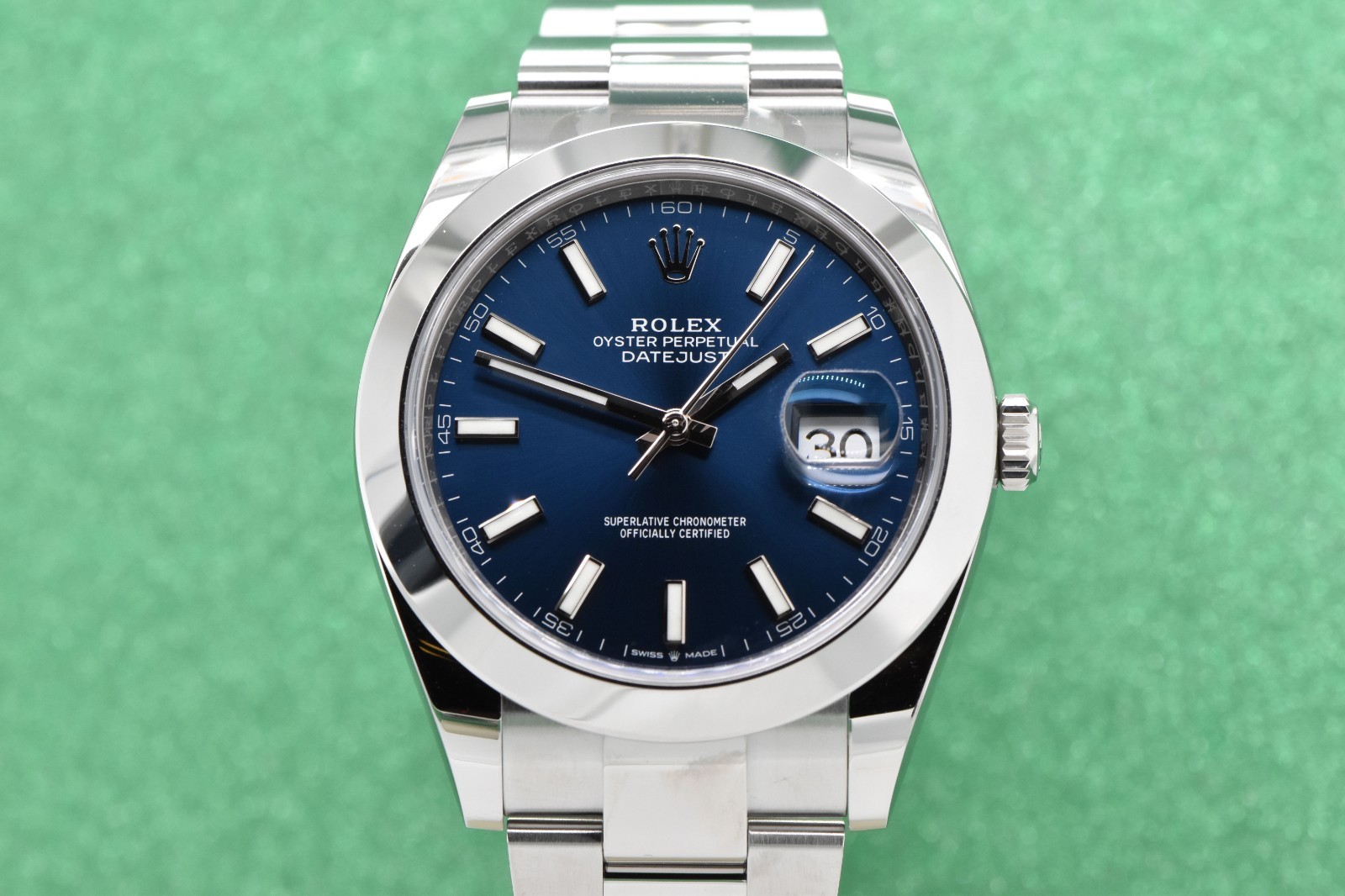 Rolex Datejust 41 Stainless Steel Oyster Smooth Blue Stick Dial 126300 with Box