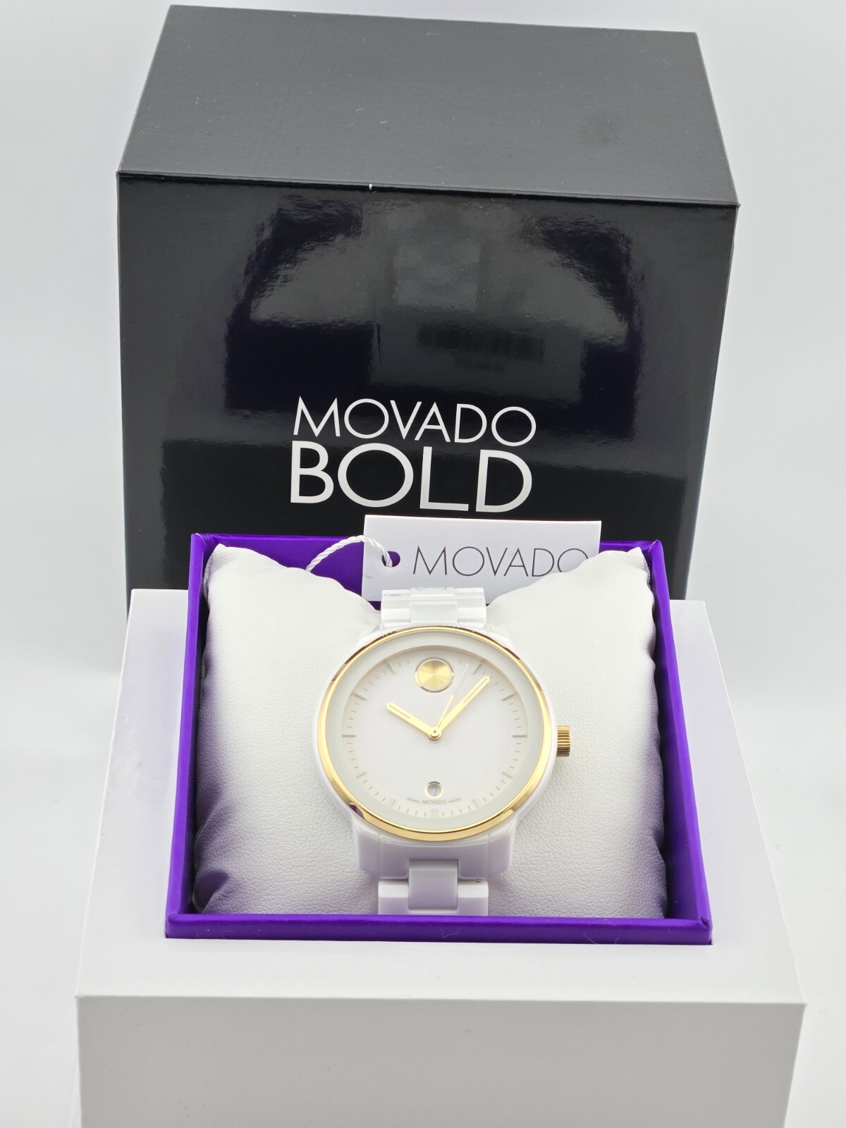 $895 MSRP | Movado Bold Verso Women’s Gold Accent White Ceramic Watch – 3600934