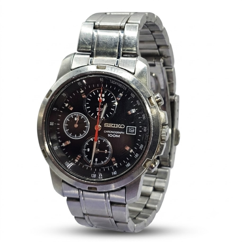Seiko Chronograph 100M Men’s Watch Black Dial Stainless Steel 7T92 – Works Perfe