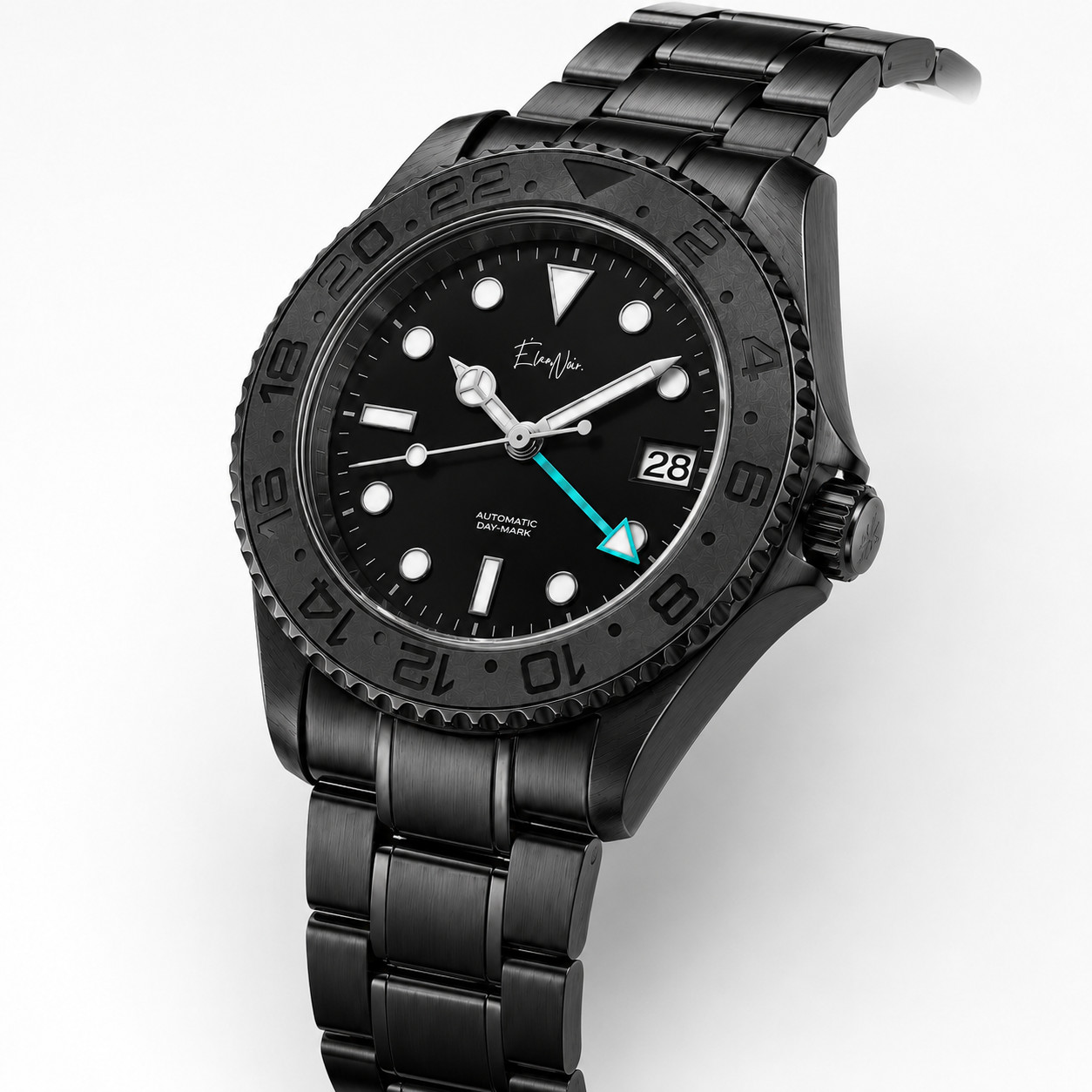Élan Noir Automatic Day Date GMT Watch 41mm BlackOut NH35 StainlessSteel Tiffany