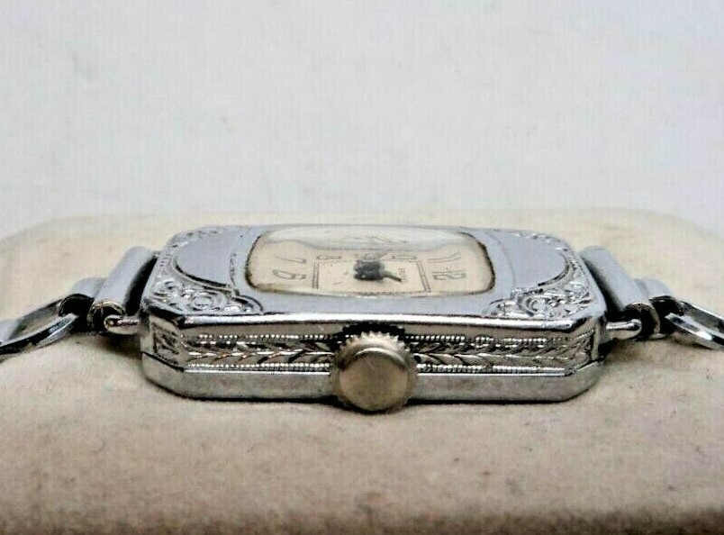 1920s BRUNVIL 15J 3Adj. Swiss Engraved White Gold Fill Art Nouveau Womens Watch