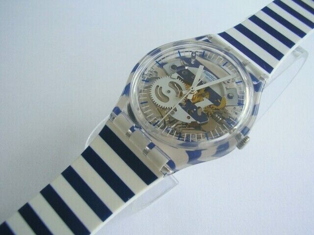 JUST PAUL! Blue/White Striped SKELETON DIAL Swatch w Silicone Strap! NIB-RARE!