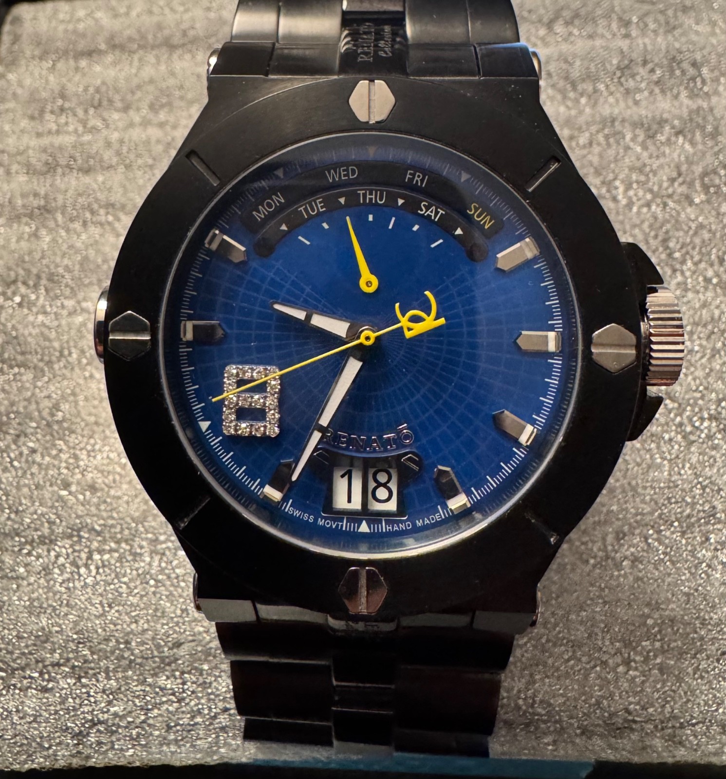 Renato Men’s Wilde Beast Big Date Black Ionic Plated Watch. Diamond 8. LE 68/100