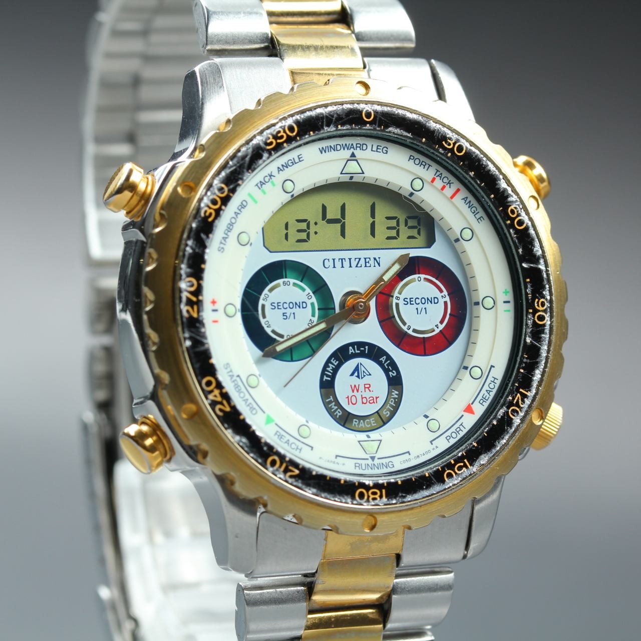 Vintage 1989 Citizen Yacht Timer C050-088387 Two-Tone Digi-Ana Quartz Men Watch