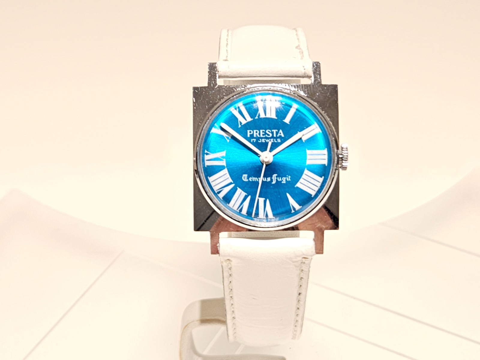 VINTAGE SQUARE 28mm BLUE DIAL MEN LADIES MECHANICAL WATCH «PRESTA»TEMPUS FUGIT