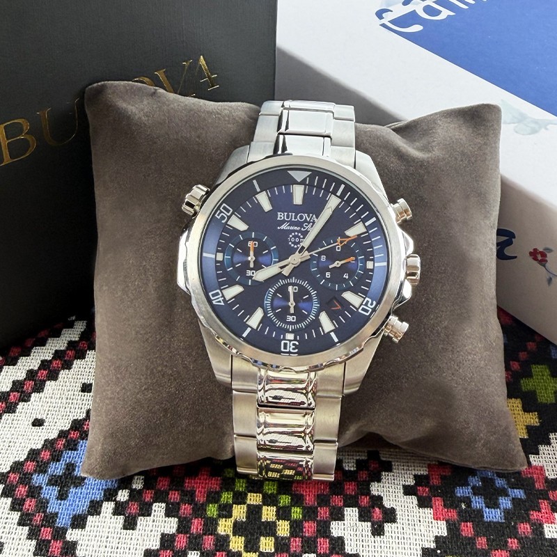 Bulova Classic Marine Star Men’s 96B256 Blue Dial Silver Steel Quartz Watch 43mm