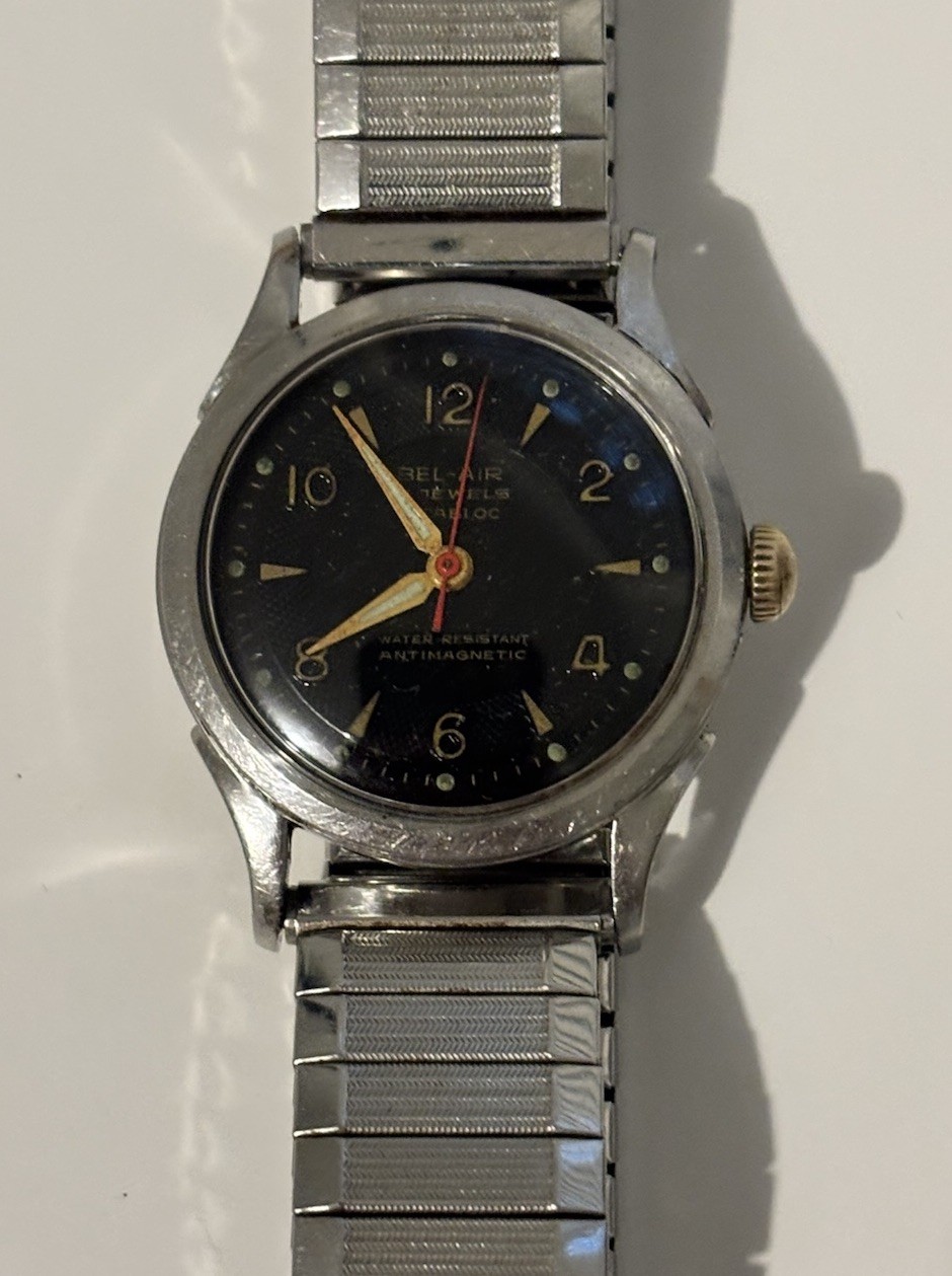 Vintage Bel-Air 17J Incabloc Automatic Black Dial Red Seconds Hand Swiss Watch