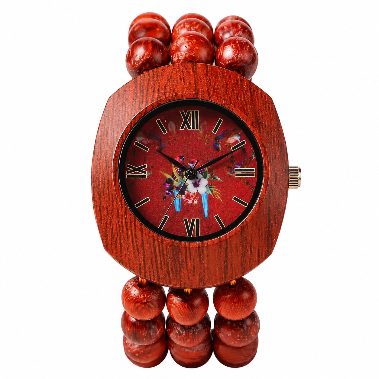 Women’s Bohemian Tonneau Wood Beaded Band Floral Dial Analog Quartz Wrist Watch