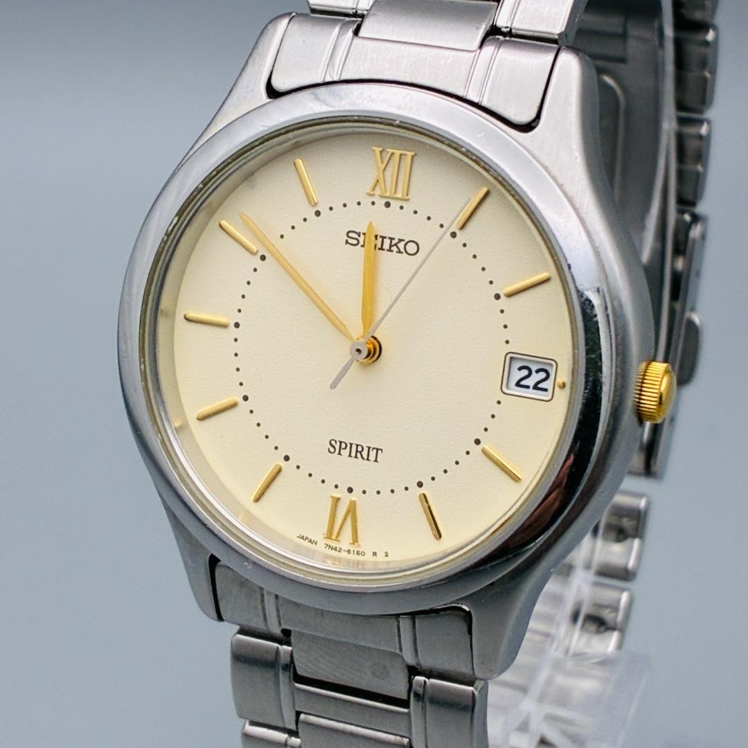 Seiko Spirit 7N42-6110 Beige Dial Quartz Date Watch 33.5mm