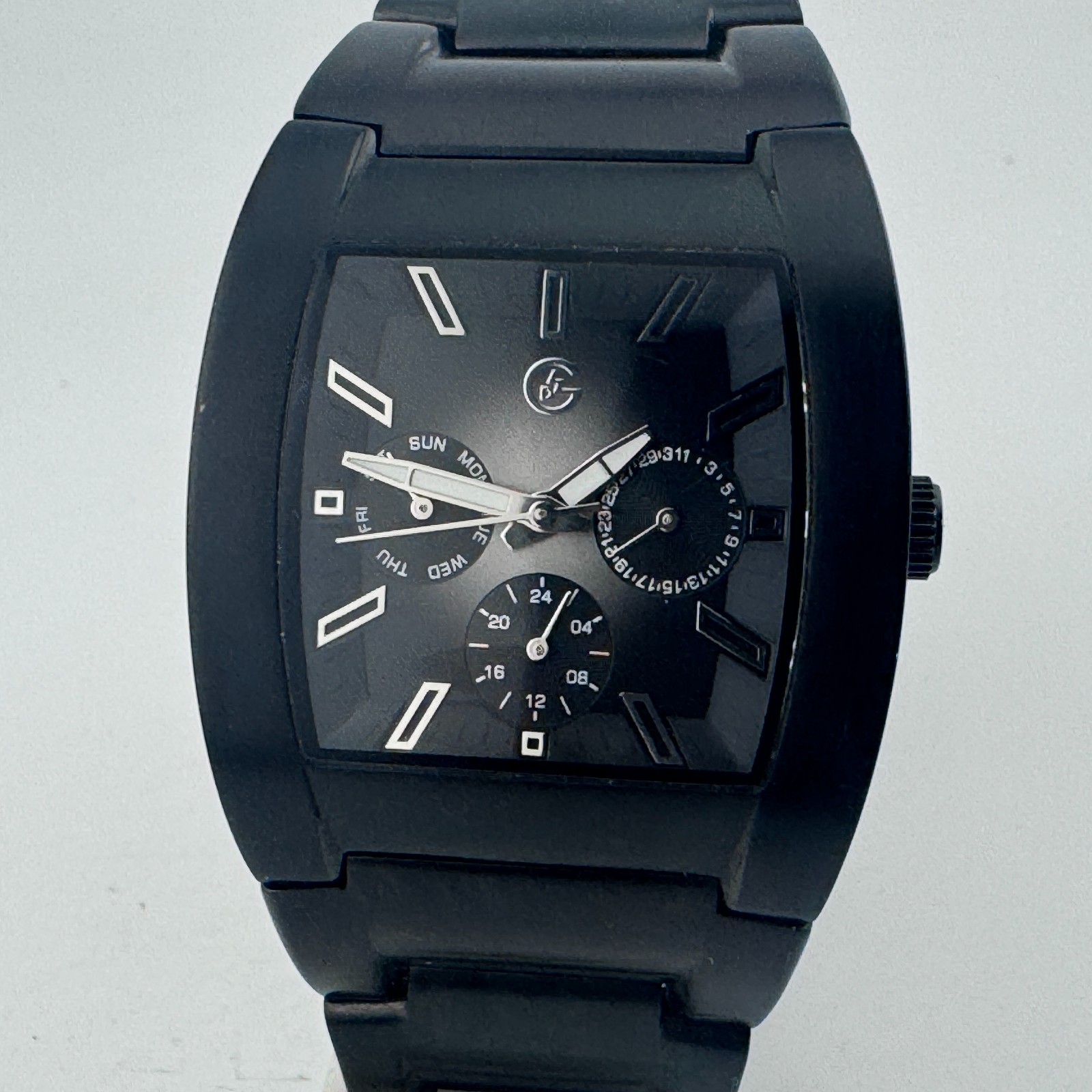 George Quartz Watch Men 50m Black Steel Barrel Day Date Japan Analog New Battery