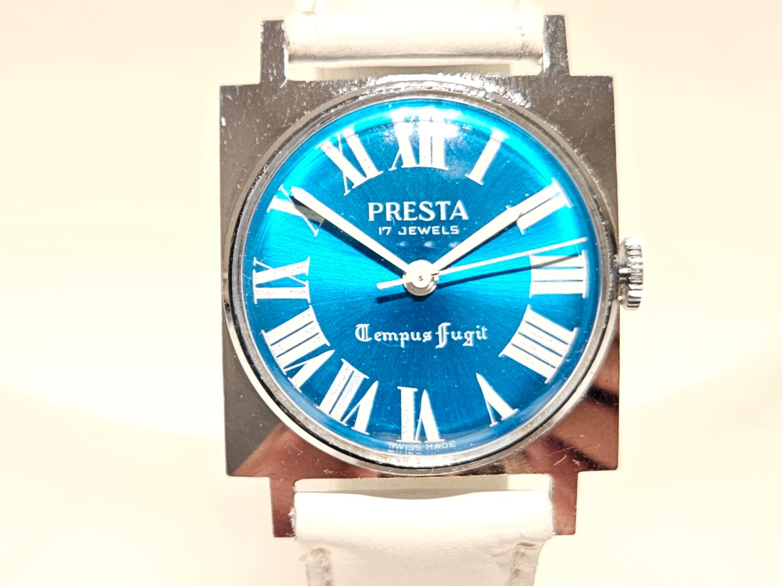 VINTAGE SQUARE 28mm BLUE DIAL MEN LADIES MECHANICAL WATCH «PRESTA»TEMPUS FUGIT