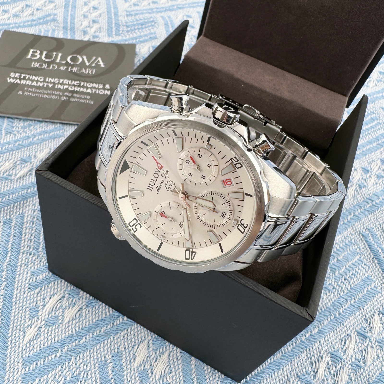 New Bulova Marine Star Chronograph Men’s Watch White Dial 43mm/96B255