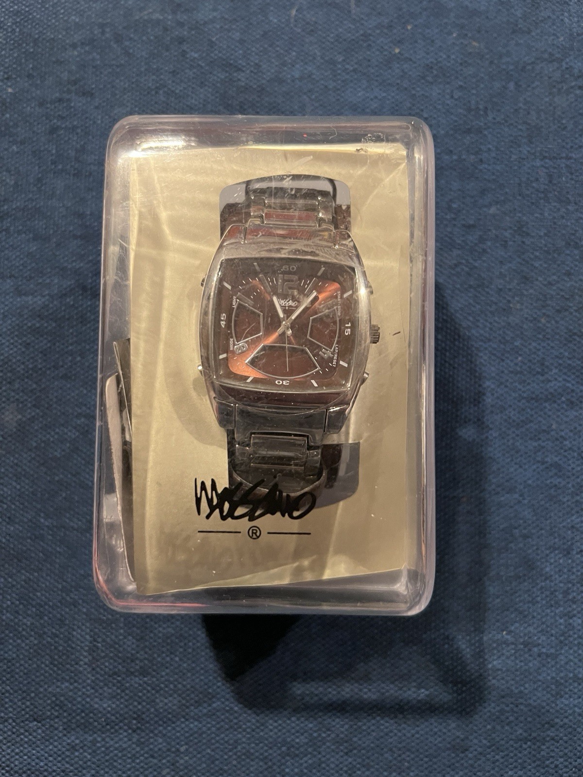 Mossimo Men’s Watch Silver Band Purple Face )Stainless Steel Back Needs Battery