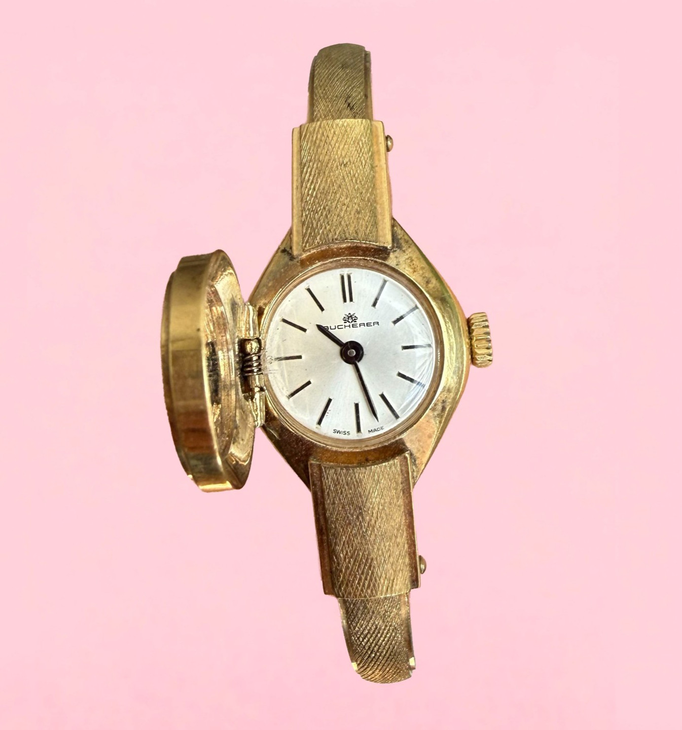VTG Bucherer Swiss Secret Watch – Women’s Gold-Plated Cuff Bracelet Watch – Runs