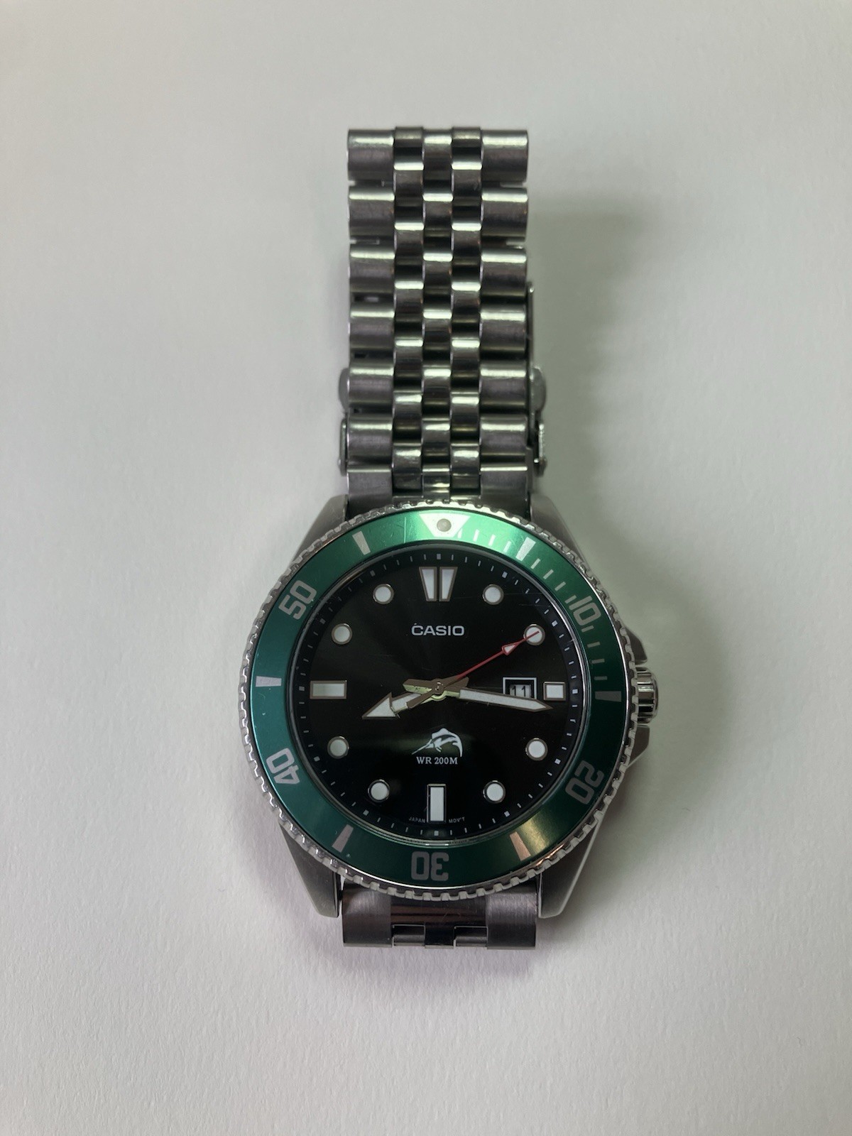 Used Casio MDV106B-1A3V Green Bezel w/Jubilee Style Steel Bracelet + Resin Strap