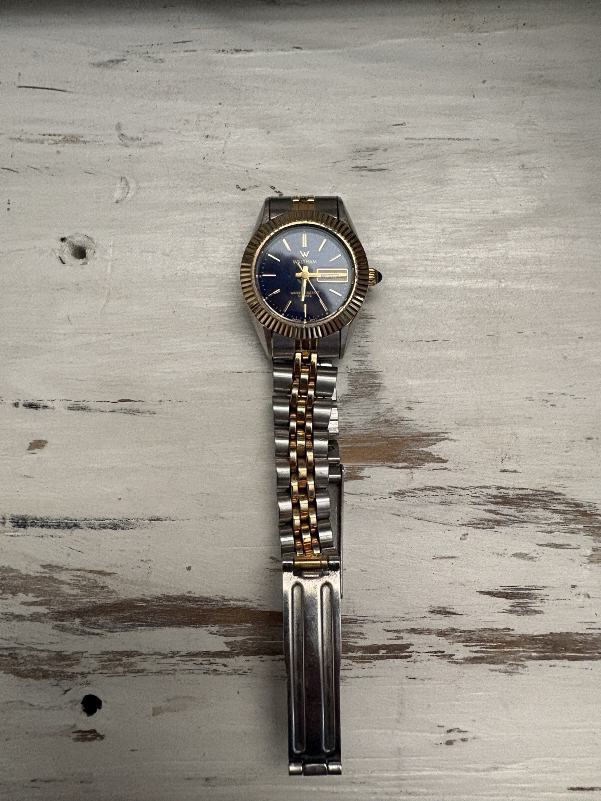 Waltham Quartz W-1027 Day/Date Water-Resistant Blue Dial Two-Tone Bracelet