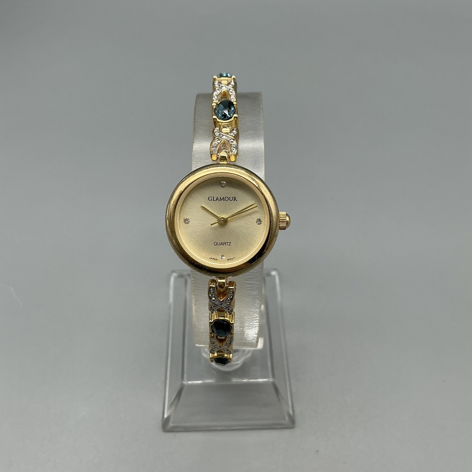 Glamour Womens Watch 22mm Gold Tone Gem Bracelet Blue Stones New Battery 7.5″
