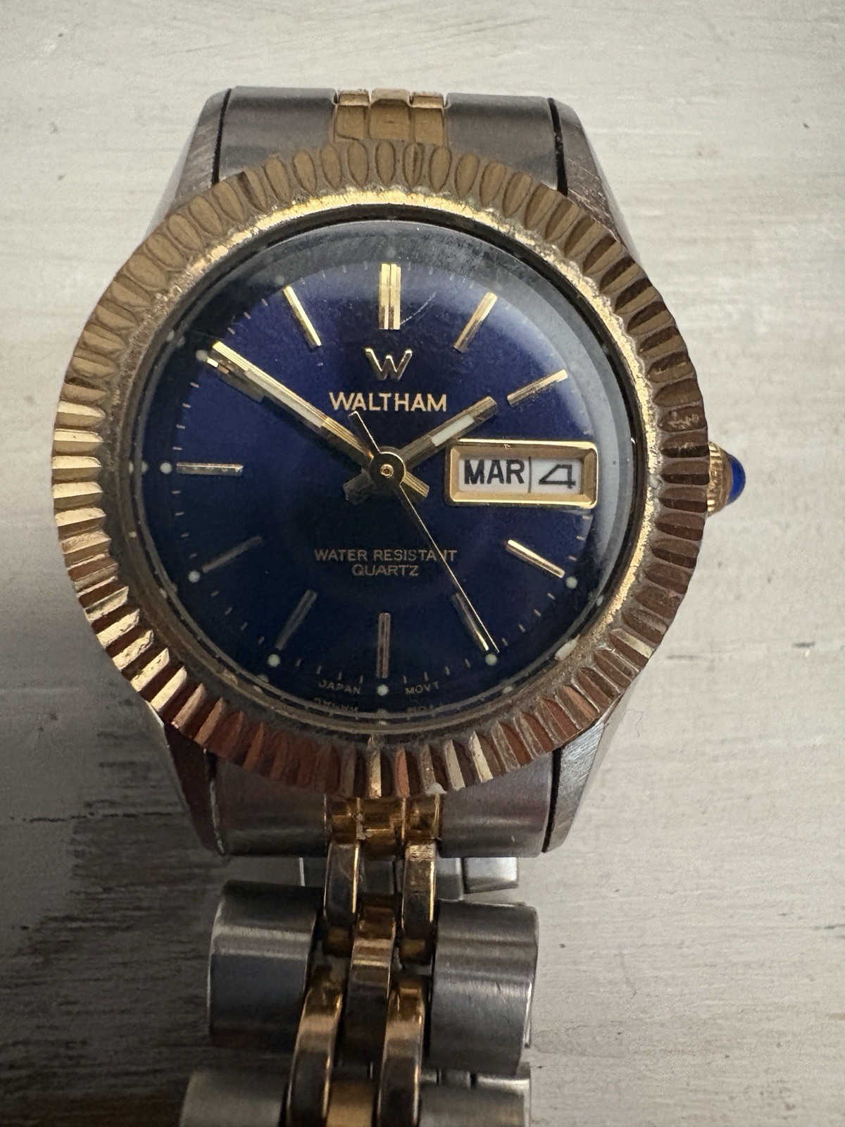 Waltham Quartz W-1027 Day/Date Water-Resistant Blue Dial Two-Tone Bracelet