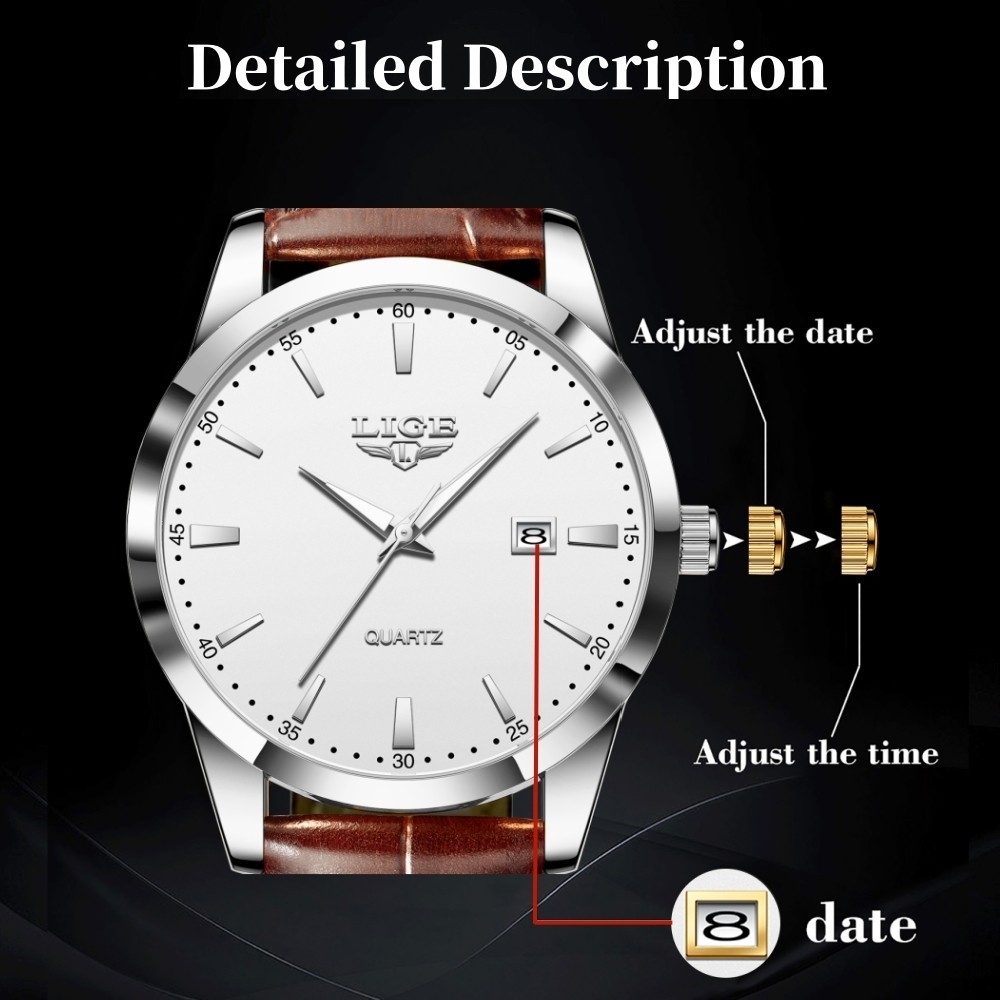 Men Watch Quartz Analog Date Luminous Waterproof Leather Classic Wristwatch +BOX