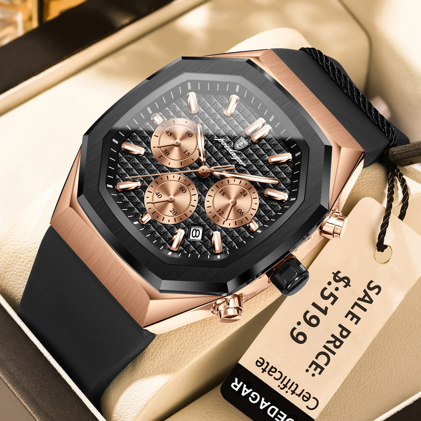 POEDAGAR Business Quartz Men’s Wristwatch Chronograph Date Silicone Strap Man Wa