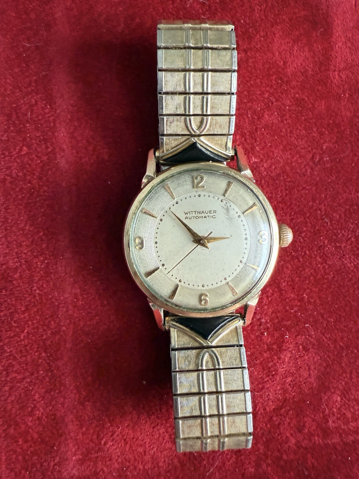 Vtg 1950s Wittnauer Automatic 10k Gold Fill Fancy Lug Onyx Accent Bracelet Watch
