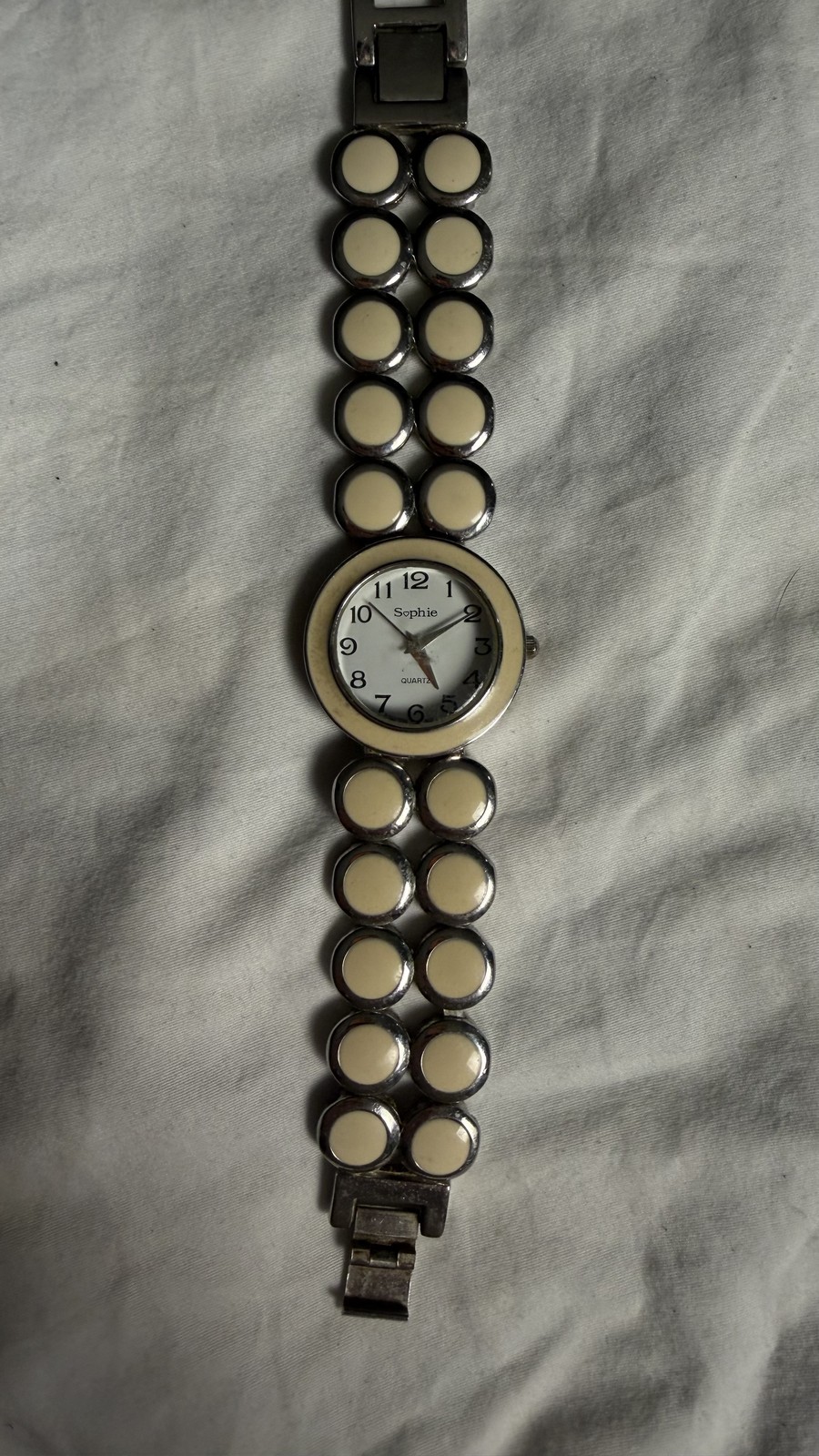 Sophie Quartz Ladies Watch Silver Tone Cream Bead Bracelet Vintage Style