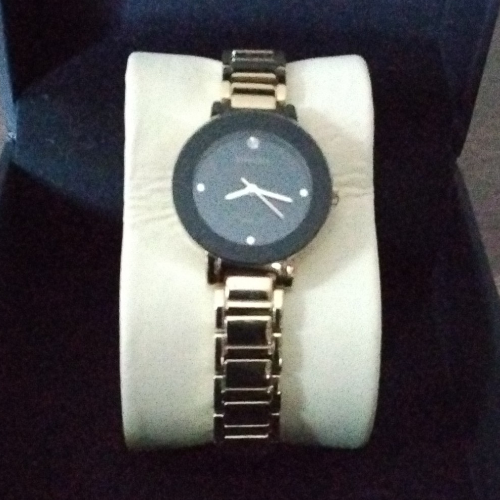 Anne Klein Women’s Quartz Analog Gold Tone Bracelet Watch Black Dial w/ Box
