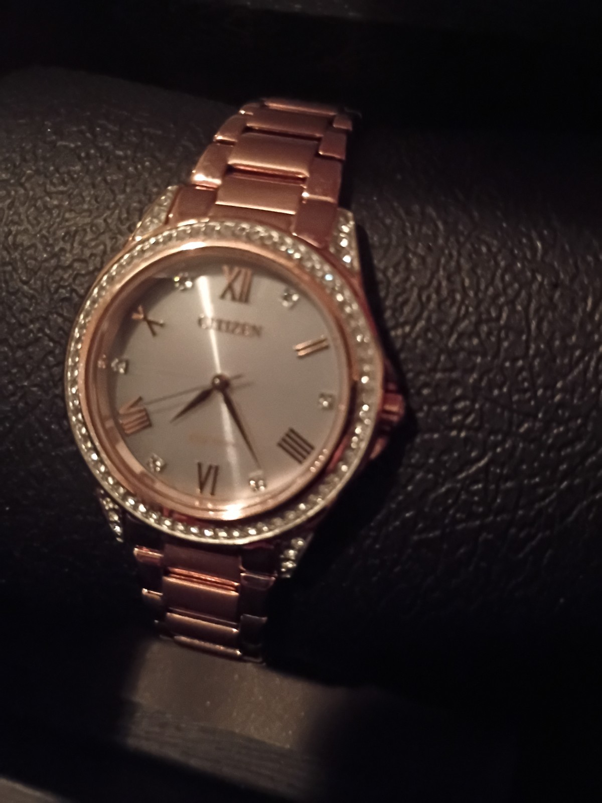 Citizen Eco-Drive Rose Gold Tone Bracelet White Roman Dial Crystal Bezel Box