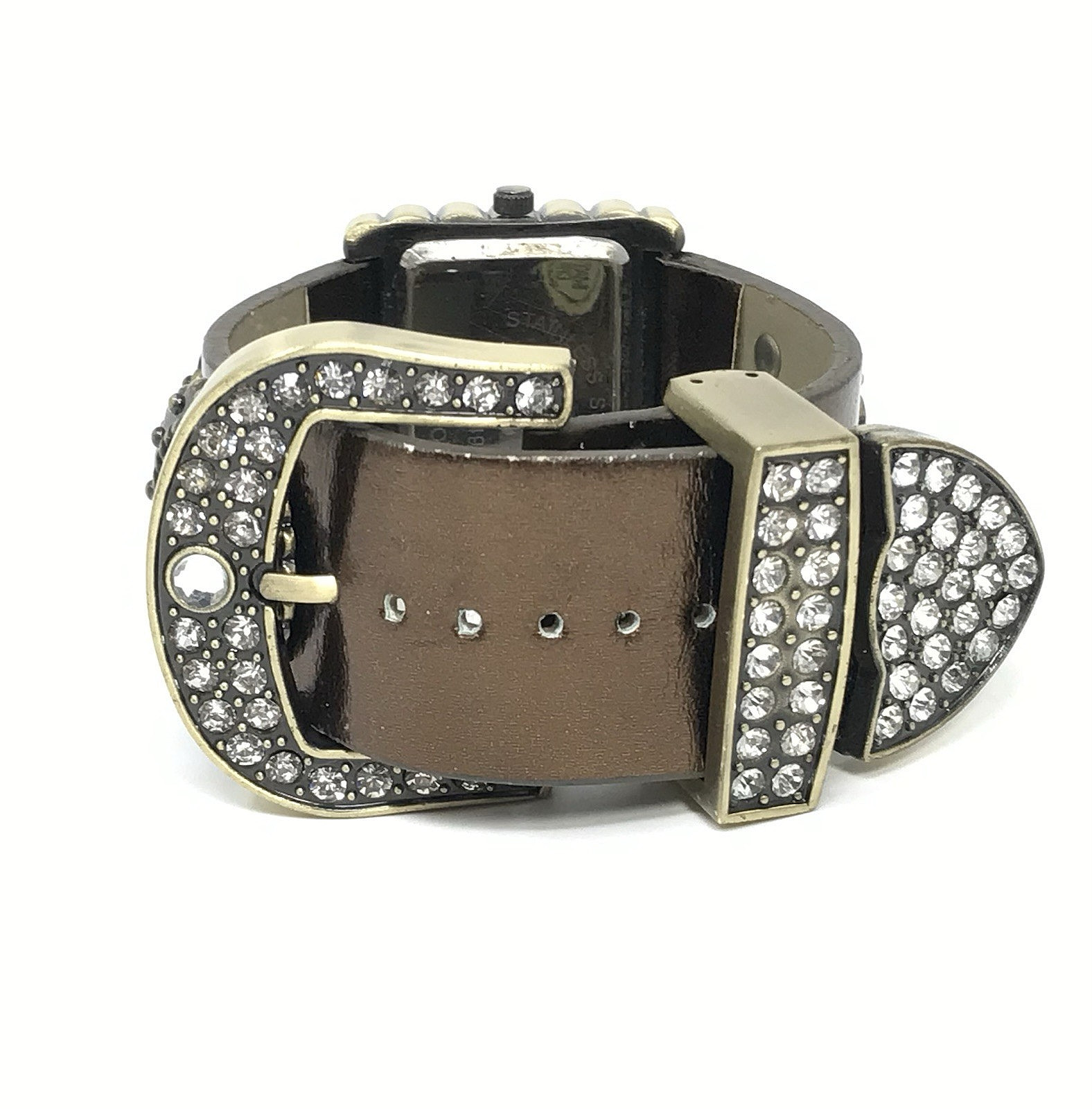 Western Faux Leather Cuff Watch Crystal Bling Fleur de Lis Buckle New Battery