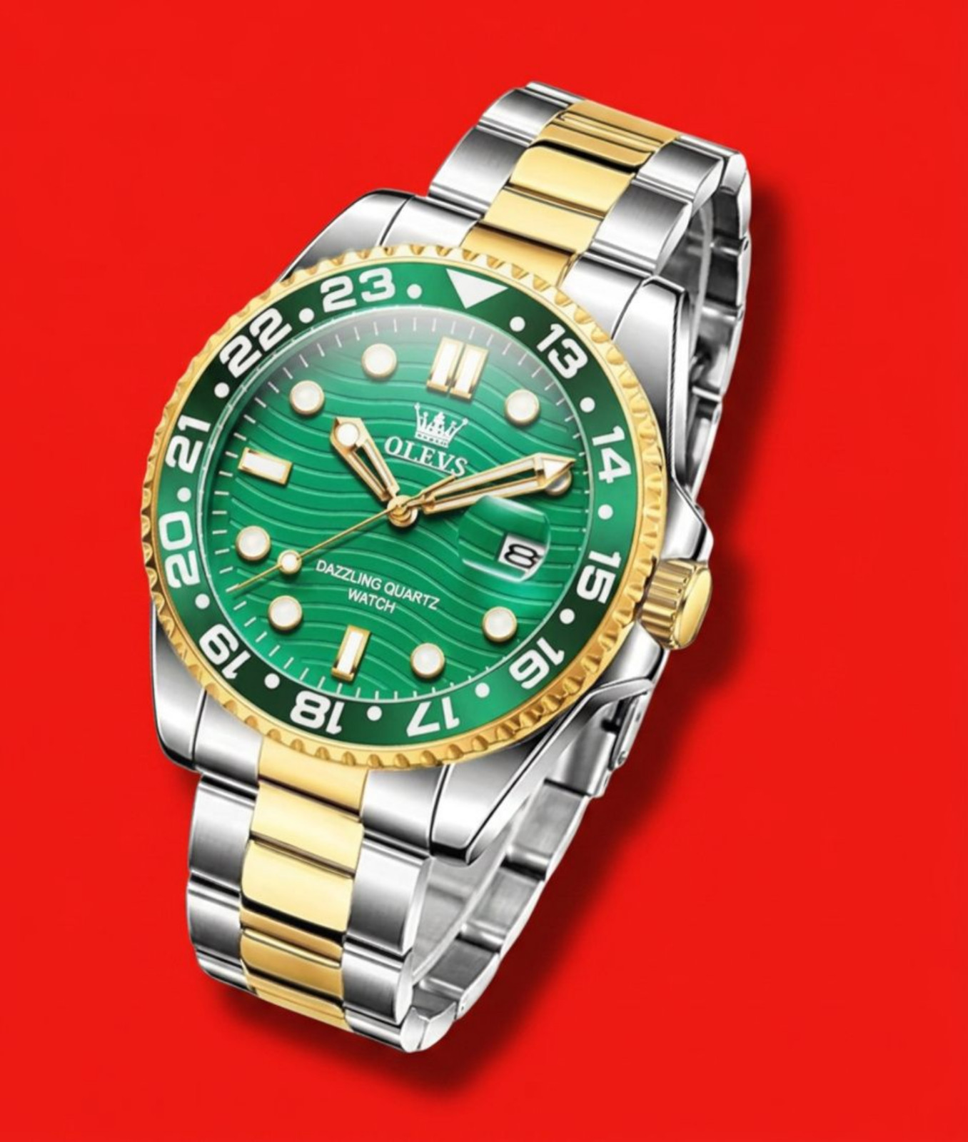Men’s Waterproof Diver Quartz Silver Bracelet Watch Green Dial Gold Bezel Olevs
