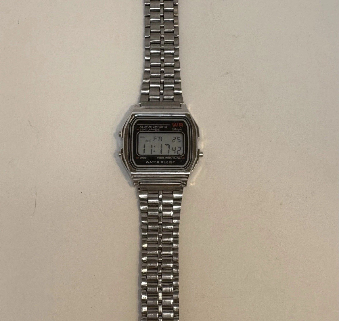 Vintage Digital Alarm Chronograph Watch Silver Tone Stainless Steel Bracelet LCD