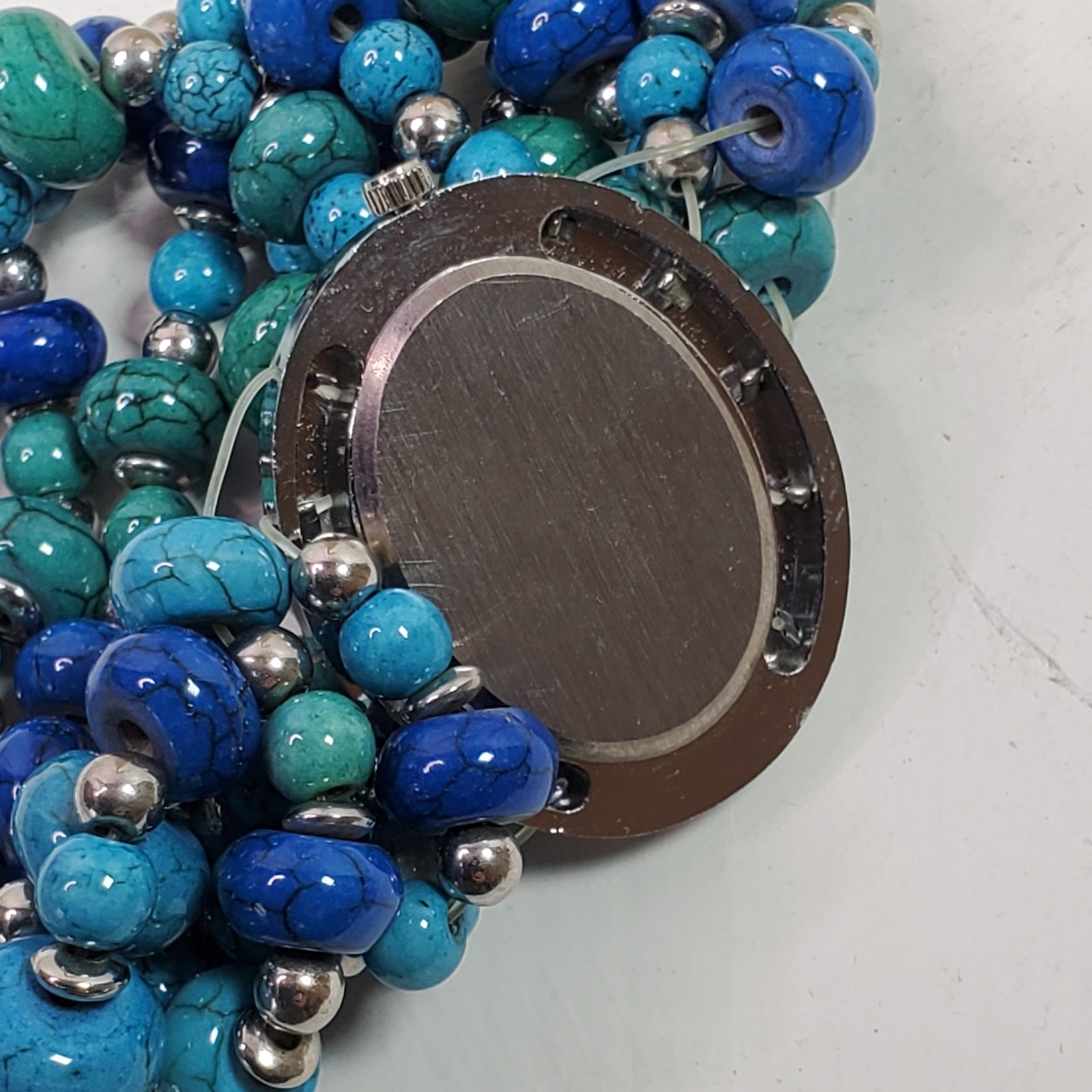 L & J Beaded Statement Wristwatch Multi Strand Blue Green Silver Tone