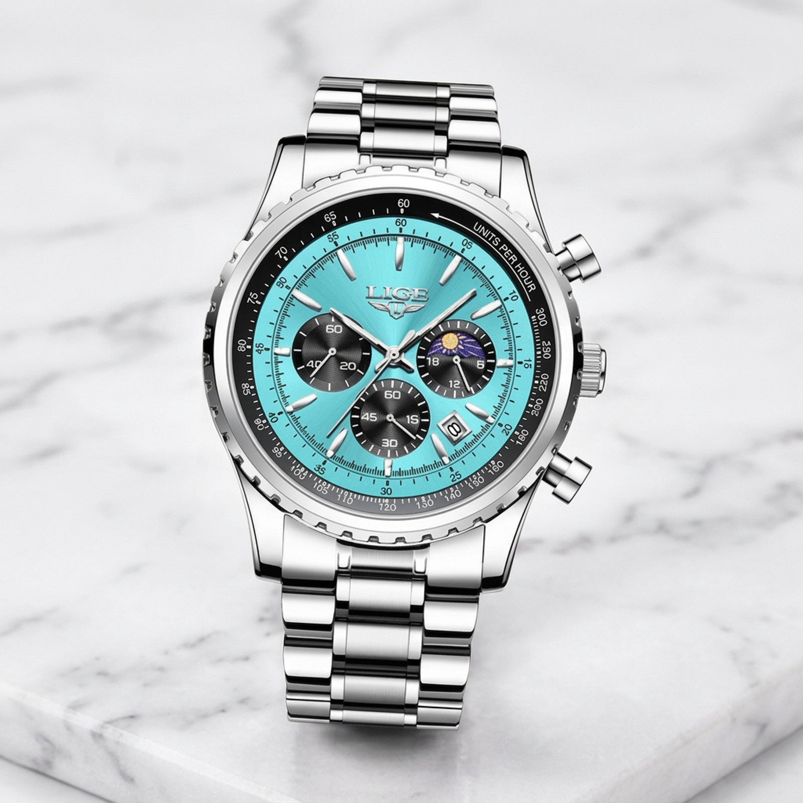 Men Quartz Luminous Chronograph Watch Blue Green Dial 46MM Stainless Silver Lige
