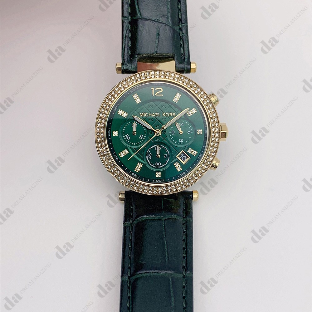 New Michael Kors MK6985 Parker Leather Strap Green Dial Quartz Women’s Watch