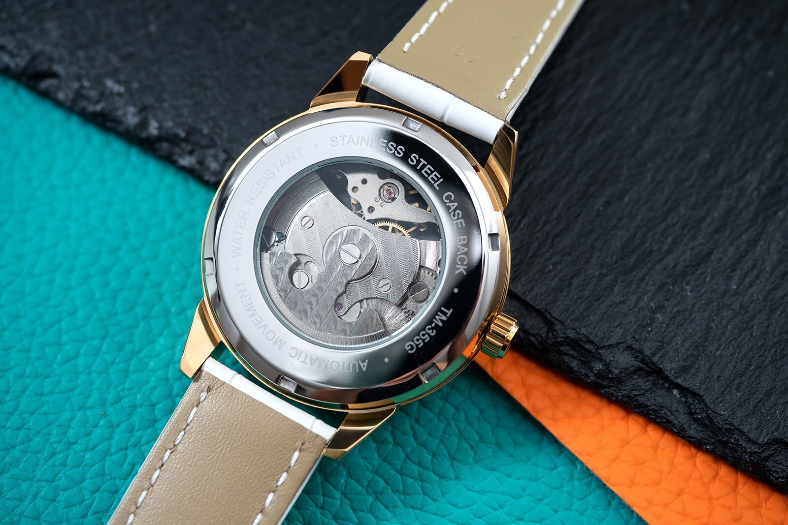 Mens Gold Silver Dual Time Skeleton Automatic Mechanical Watch White Strap