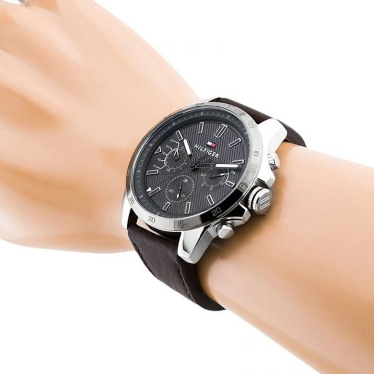 Tommy Hilfiger Men’s Watch 1791562 Gray Sunray Dial Genuine Brown Leather Strap