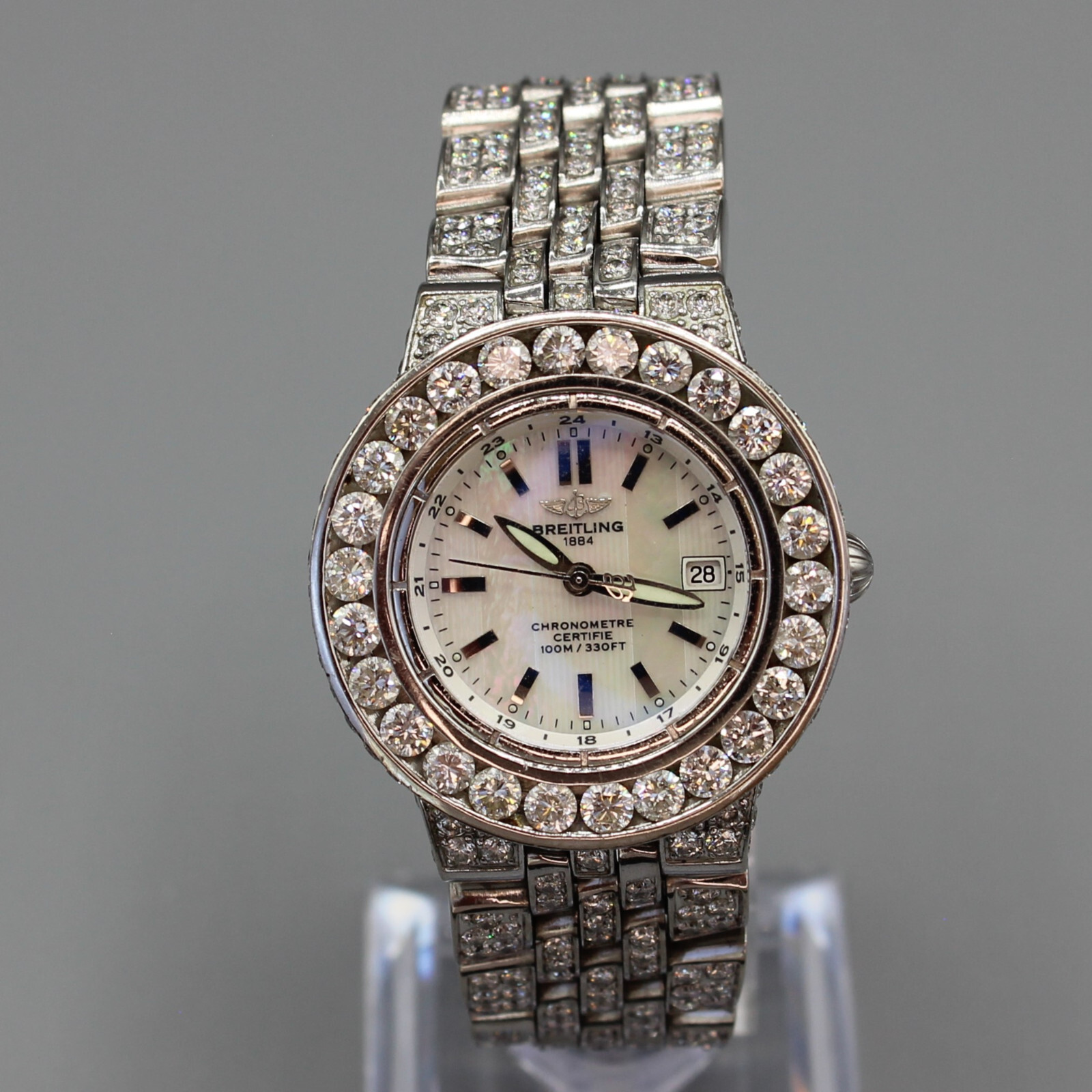 21 CARAT BUST DOWN BREITLING STARLINER WHITE MOTHER OF PEARL DIAL DIAMOND WATCH!