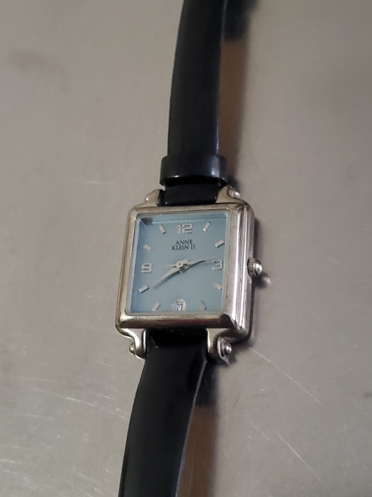 Anne Klein II Watch Women’s Analog Date Vintage Blue Dial Black Leather 44 mm