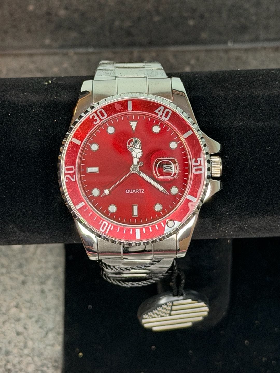 AJ Stainless Steel Red Dial Quartz Diver Style Watch with Display Box