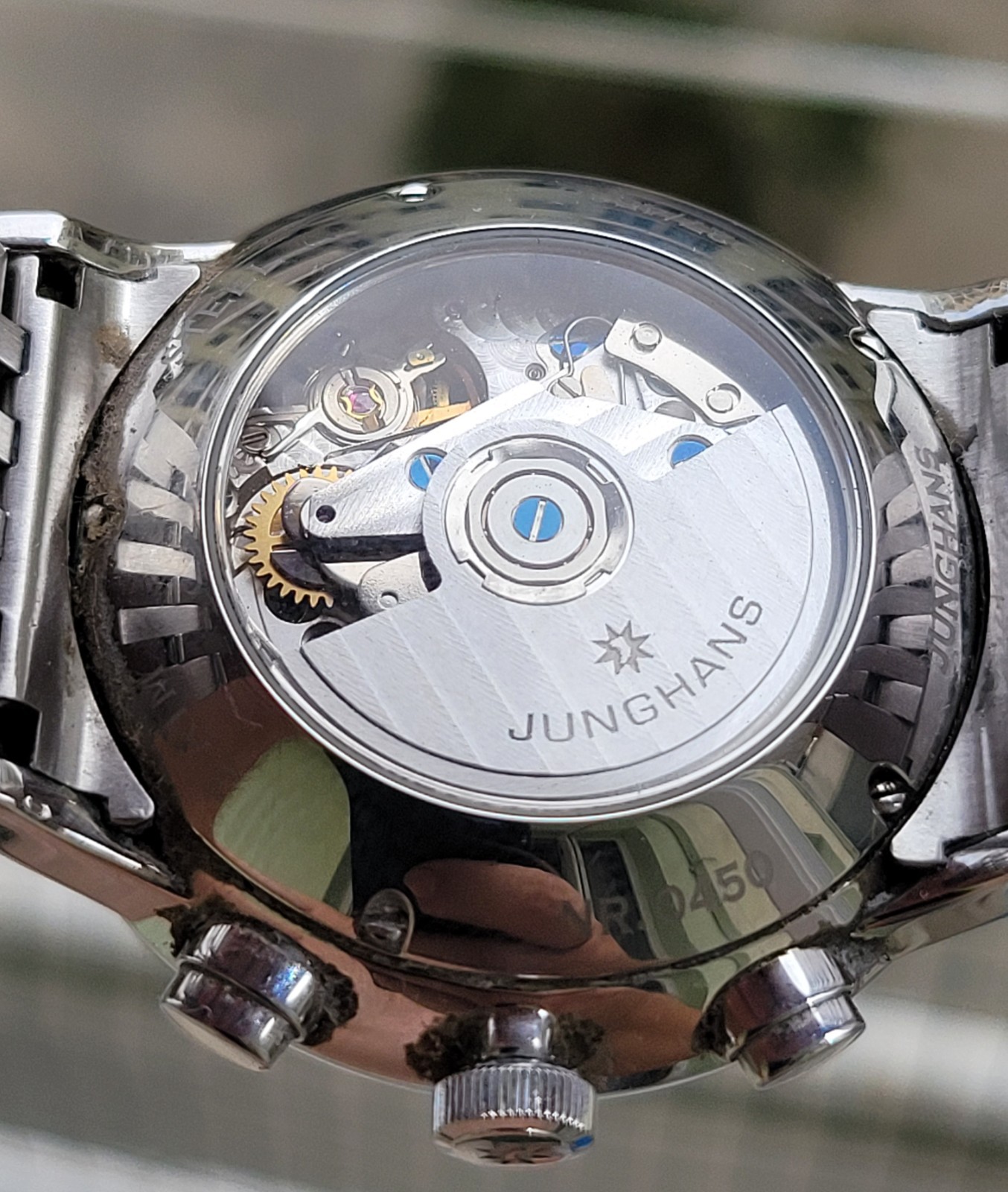 JUNGHANS Meister Chronoscope 027/4528. automatic plexiglass Blue Dial 41mm