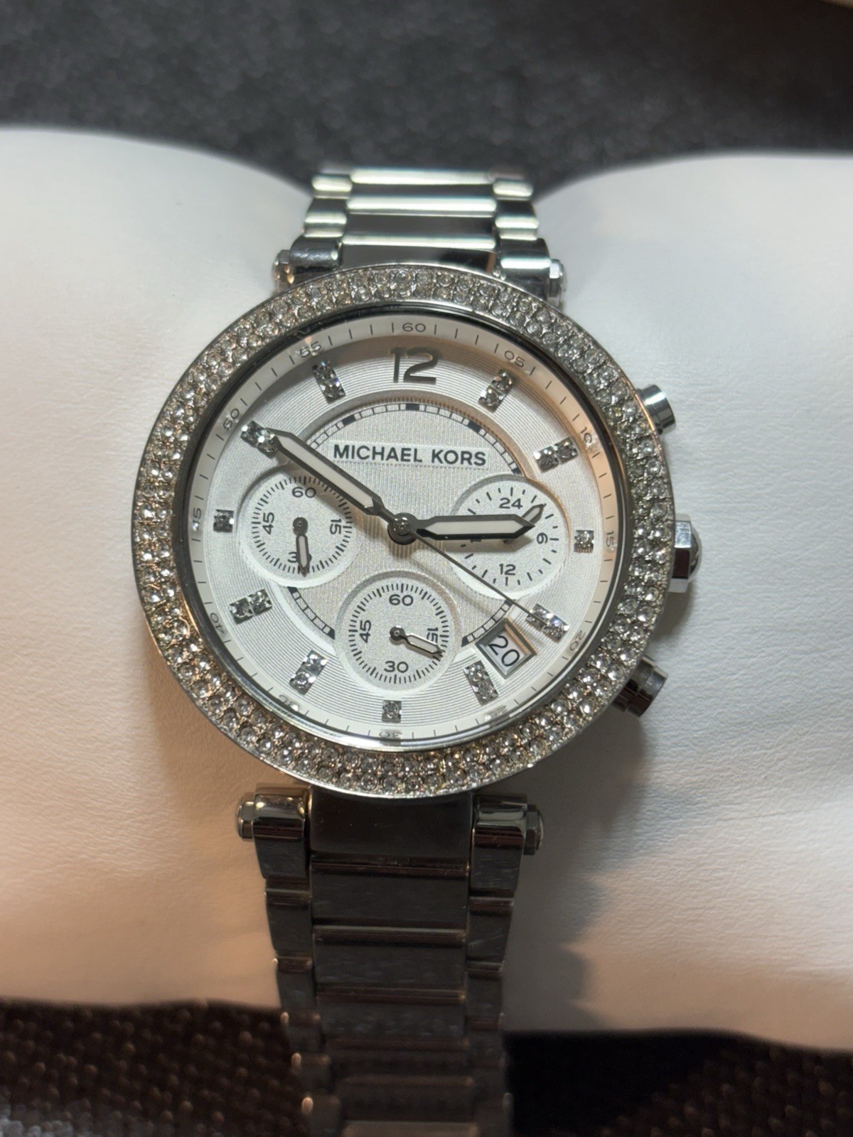 Michael Kors Women’s Parker Watch MK5353 Silver Tone Chronograph Gemmed Bezel #3