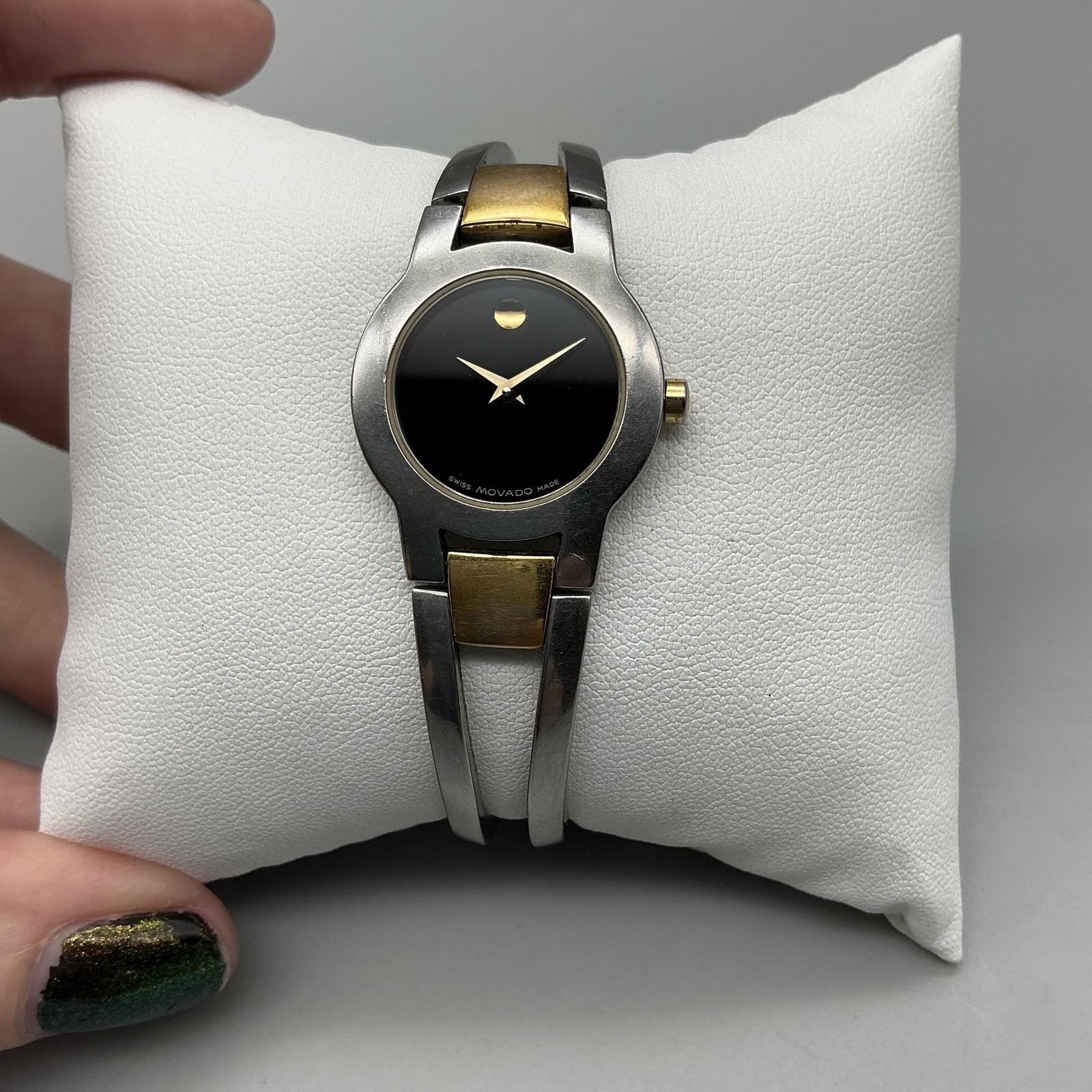 Movado Amorosa Womens Watch 24mm Black Dial Two Tone Swiss New Battery 6.5″