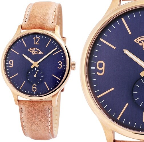 Men’s Watch Wristwatch Blue/Rose Gold/Brown Stainless Steel Leather Strap by Gooix